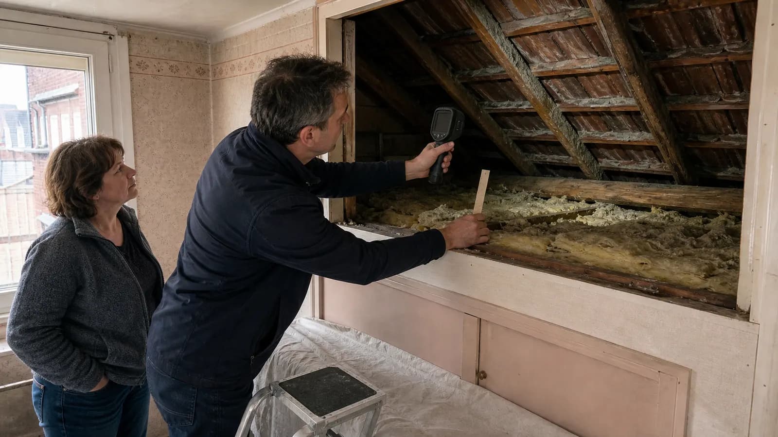 Un auditeur pointe une caméra thermique vers des combles dont l'isolation ancienne est tassée, devant la propriétaire du logement.