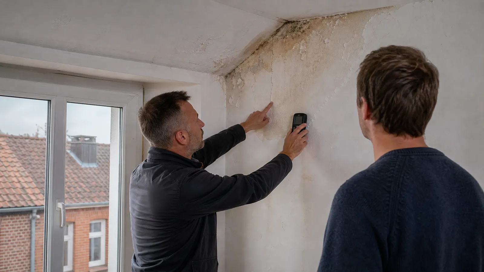 Un expert mesure le taux d'humidité d'un mur fissuré, peinture cloquée au raccord avec le plafond, devant le propriétaire du logement.