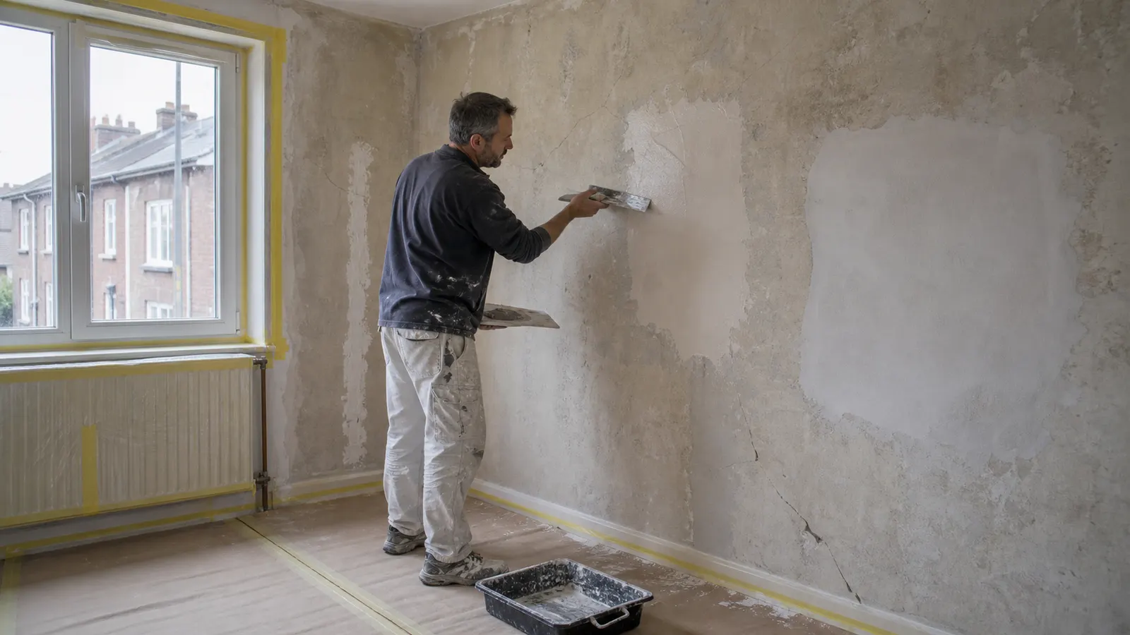 Un peintre passe l'enduit de lissage à la spatule sur un mur fissuré, adhésifs de protection en place et sol bâché.