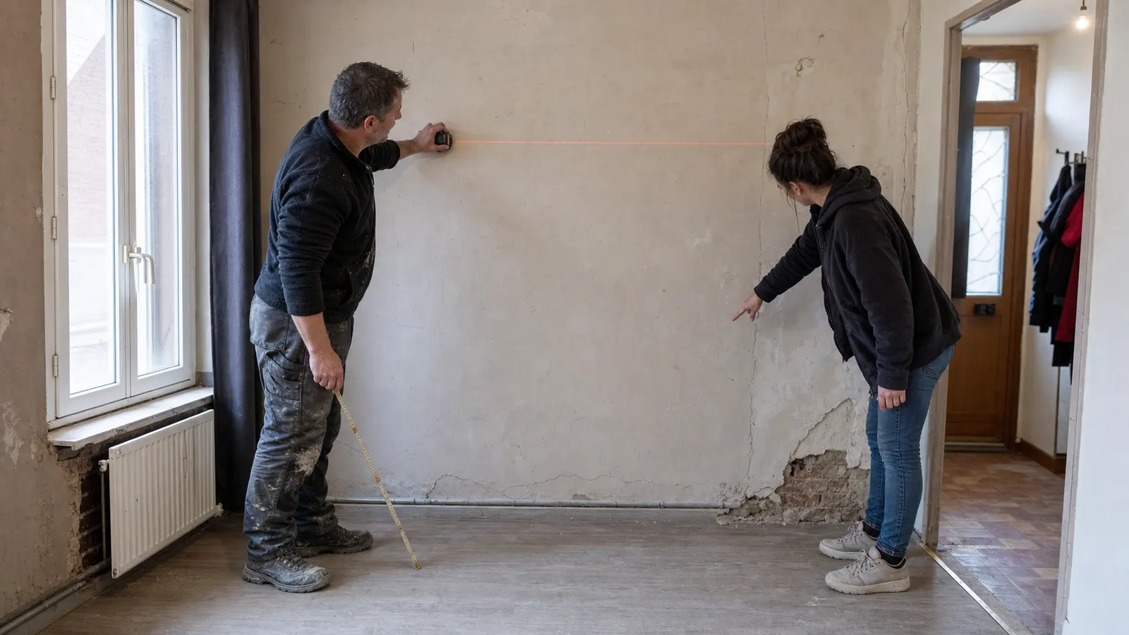Un artisan relève les dimensions d'une pièce au télémètre laser pendant que l'occupante lui montre les fissures et les remontées d'humidité en pied de mur.