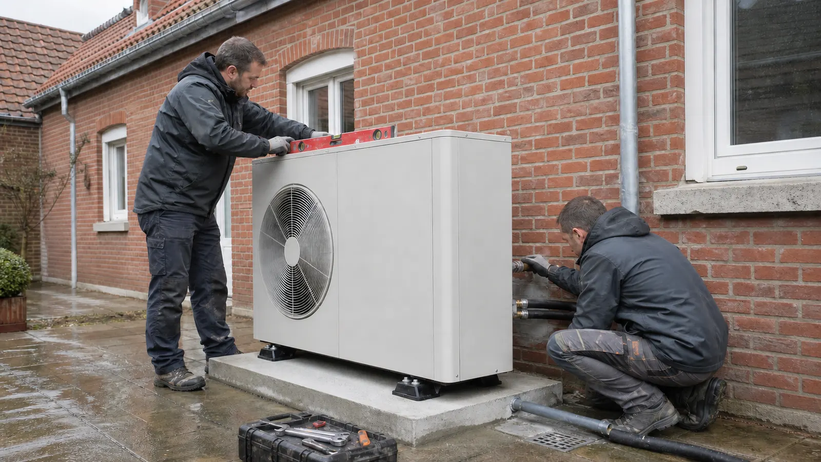 Deux chauffagistes installent l'unité extérieure d'une pompe à chaleur sur un socle béton, contre un mur de brique : l'un la met de niveau, l'autre raccorde les liaisons hydrauliques.