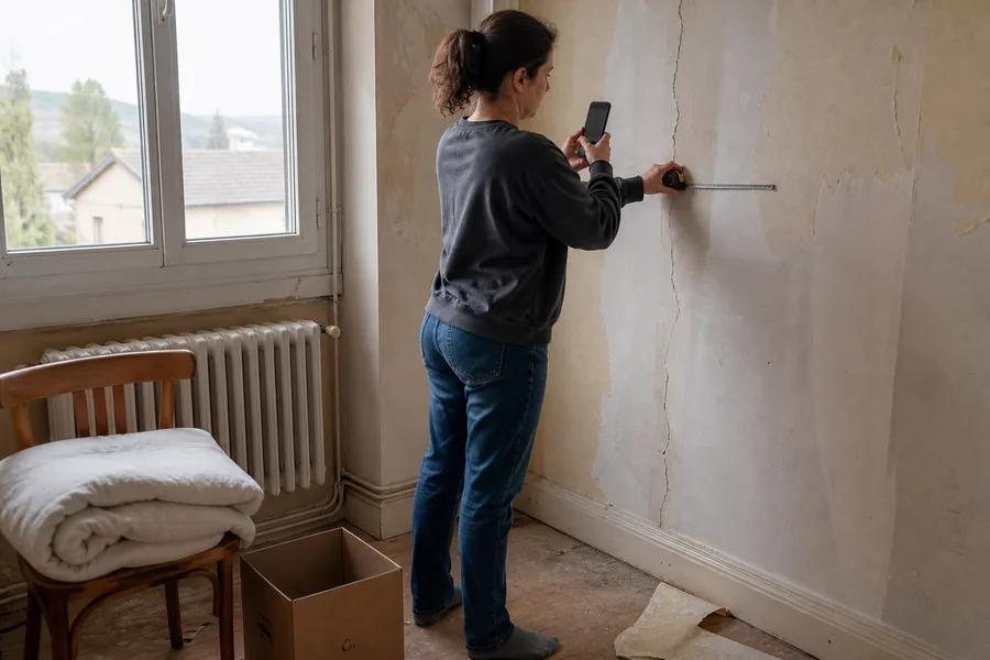 Une propriétaire photographie une fissure sur un mur à reprendre.