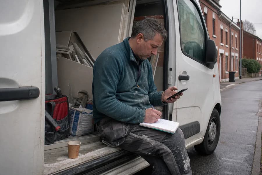 Un artisan peintre prépare sa réponse depuis son fourgon, carnet en main.